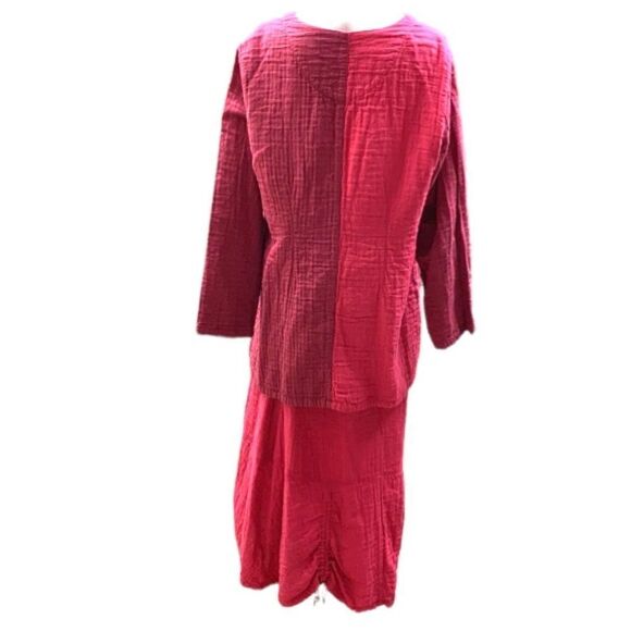 Kleen Thick Rumpled Cotton Lagenlook Multi Pink Button Down Tunic Maxi Skirt Set - Picture 2 of 11